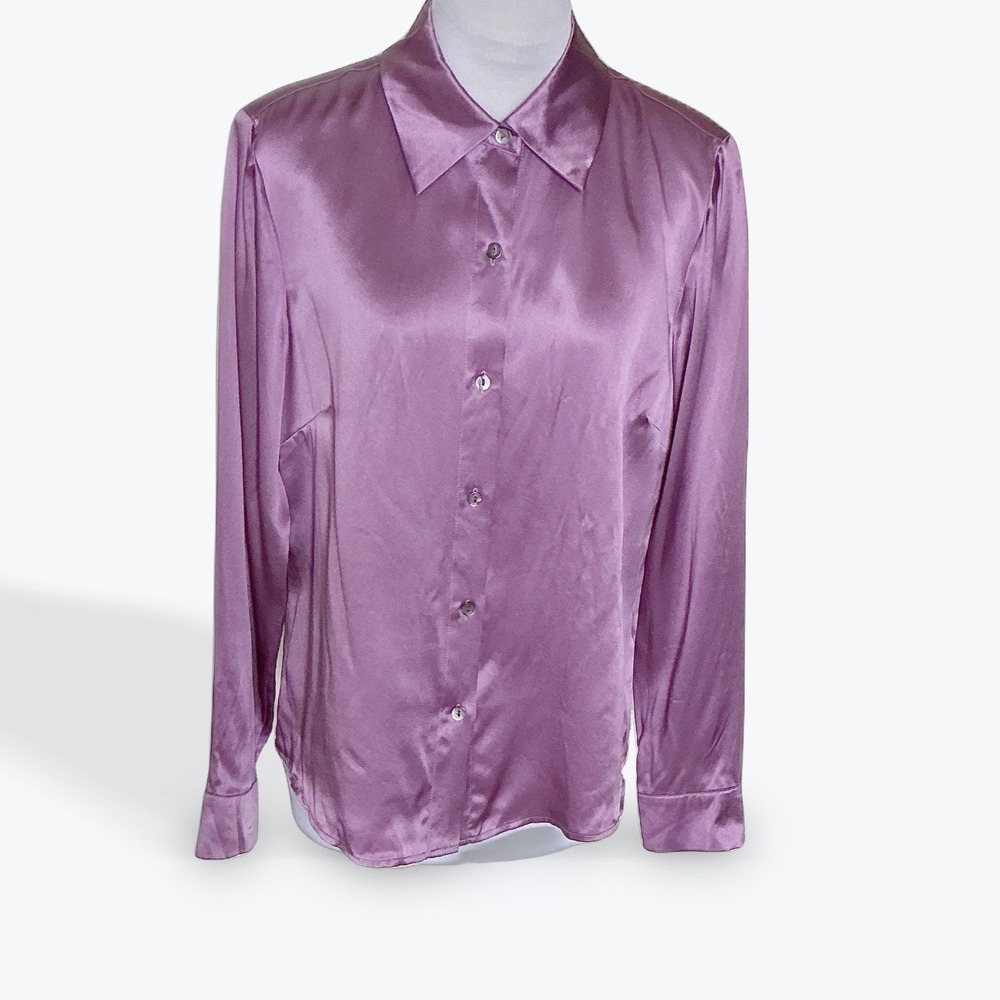 Charter Club 100% Silk Button Front Blouse Womens 8 Lilac Orchid Long Sleeve